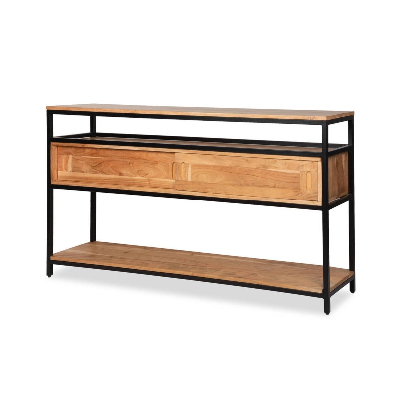 Acacia wood and black metal frame console table, 140x30x80cm