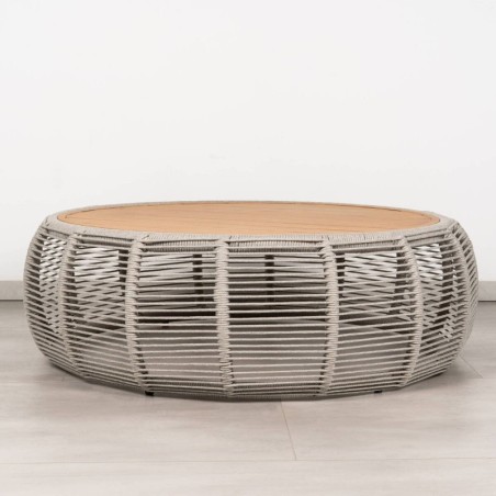 Mesa de Centro exterior Nela Redonda en Cuerda Trenzada con Tablero de Listones en Madera