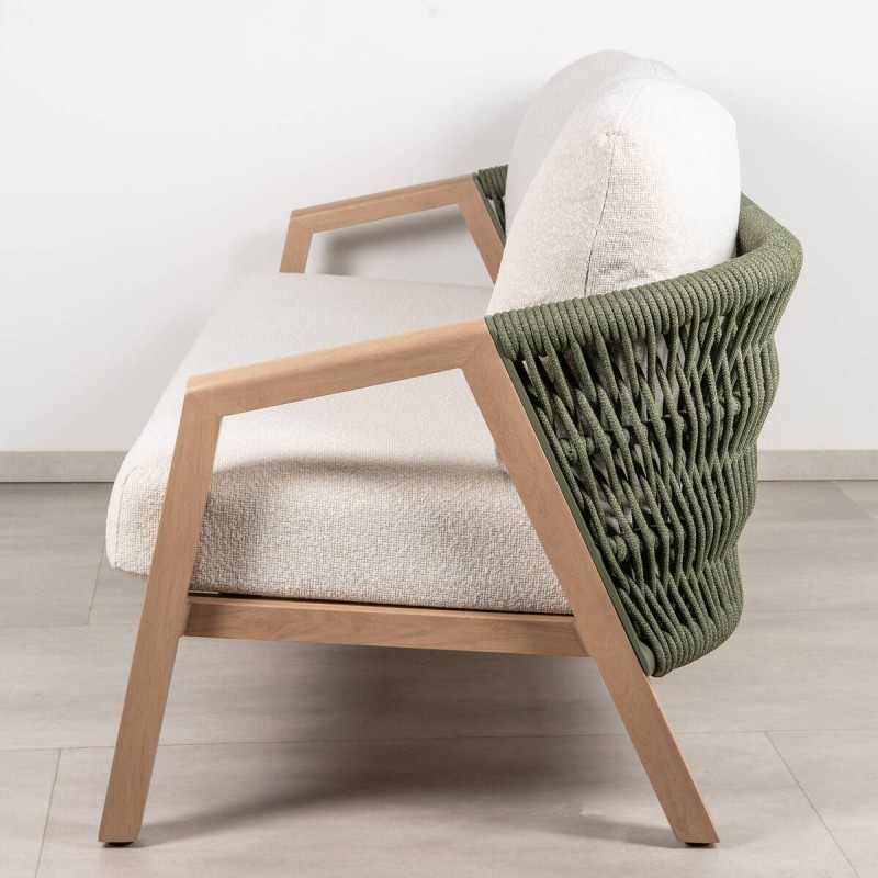 Latte 3-Seater Outdoor Sofa in Aluminum with Green Rope and Cream Fabric Cushions
