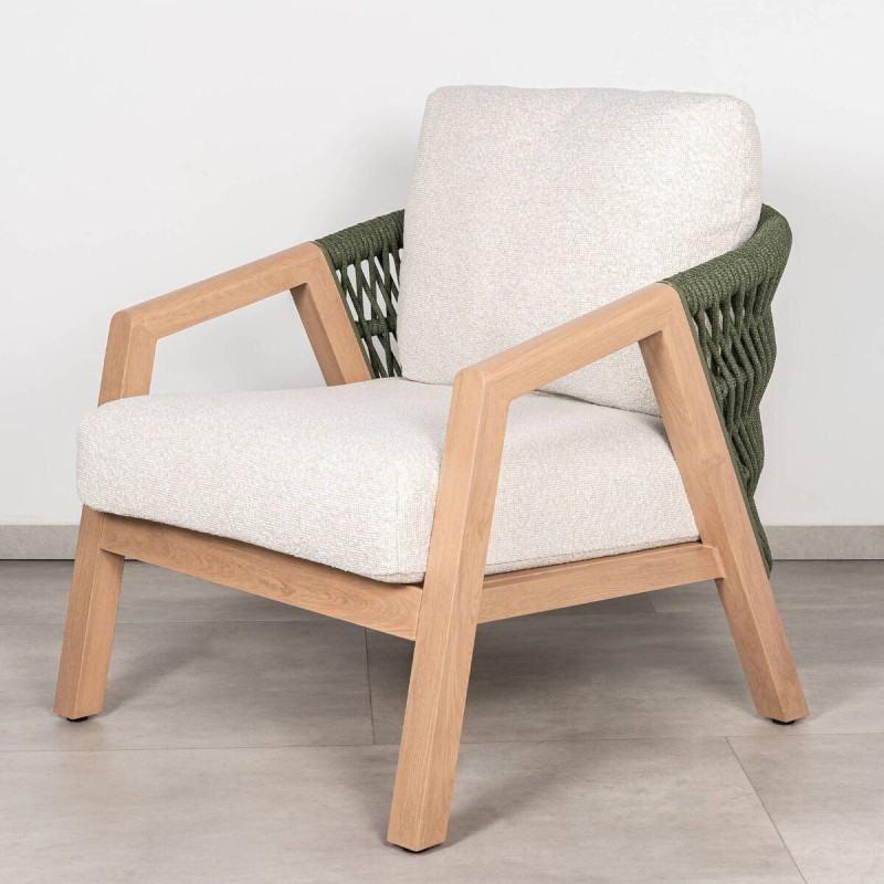 Latte outdoor armchair in aluminum with green rope and cream fabric cushions