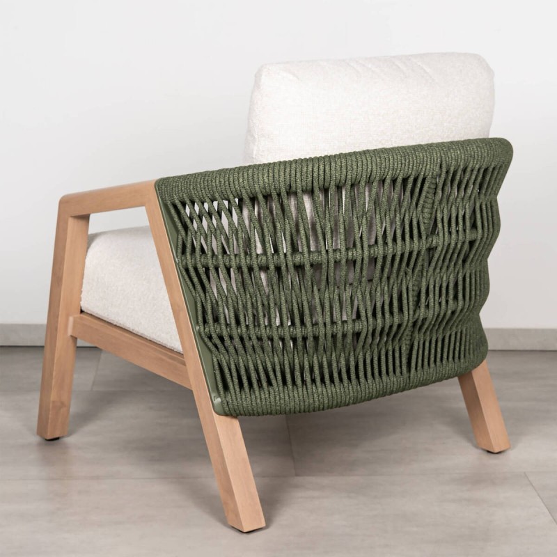Latte outdoor armchair in aluminum with green rope and cream fabric cushions