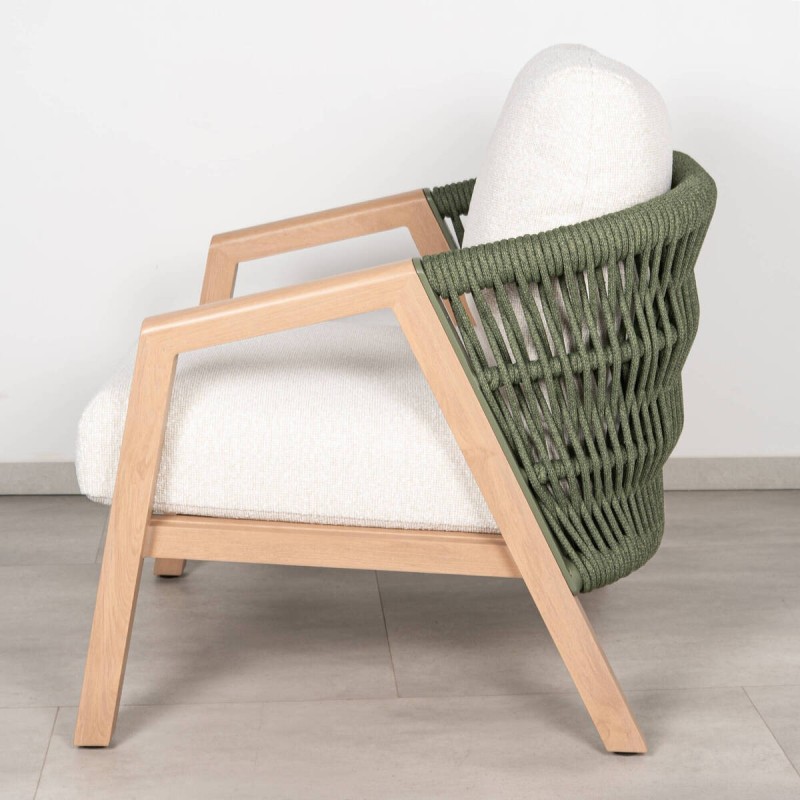 Latte outdoor armchair in aluminum with green rope and cream fabric cushions