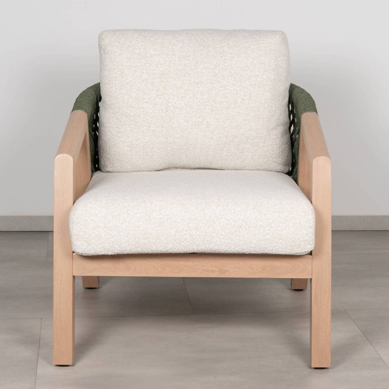 Latte outdoor armchair in aluminum with green rope and cream fabric cushions
