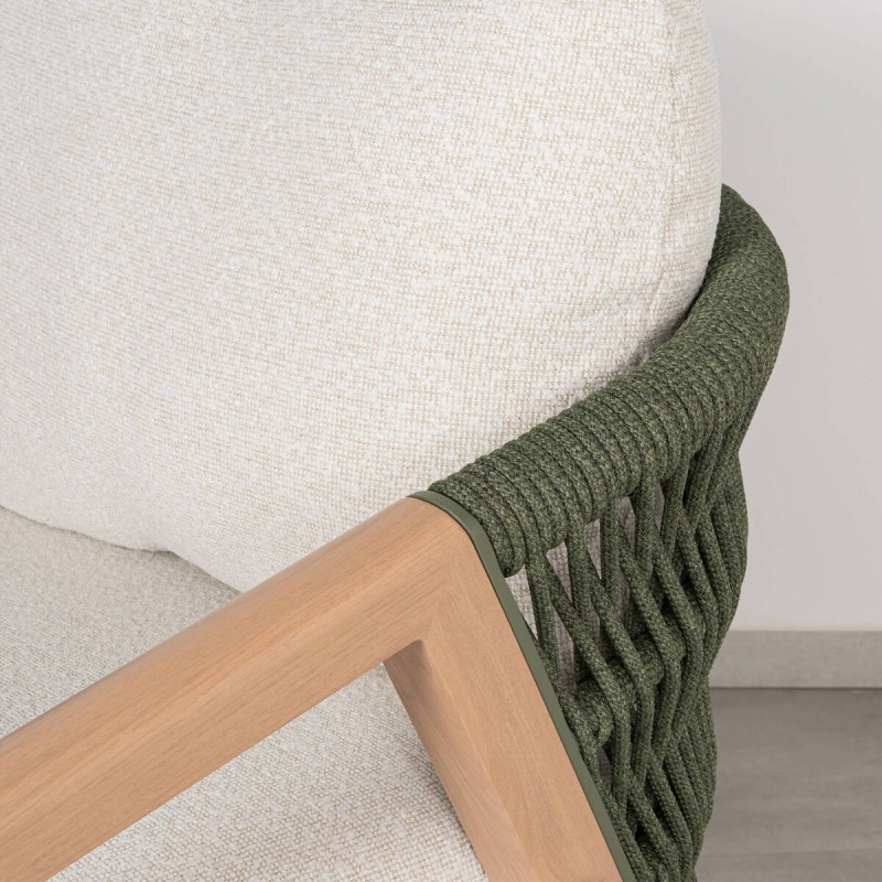 Latte outdoor armchair in aluminum with green rope and cream fabric cushions