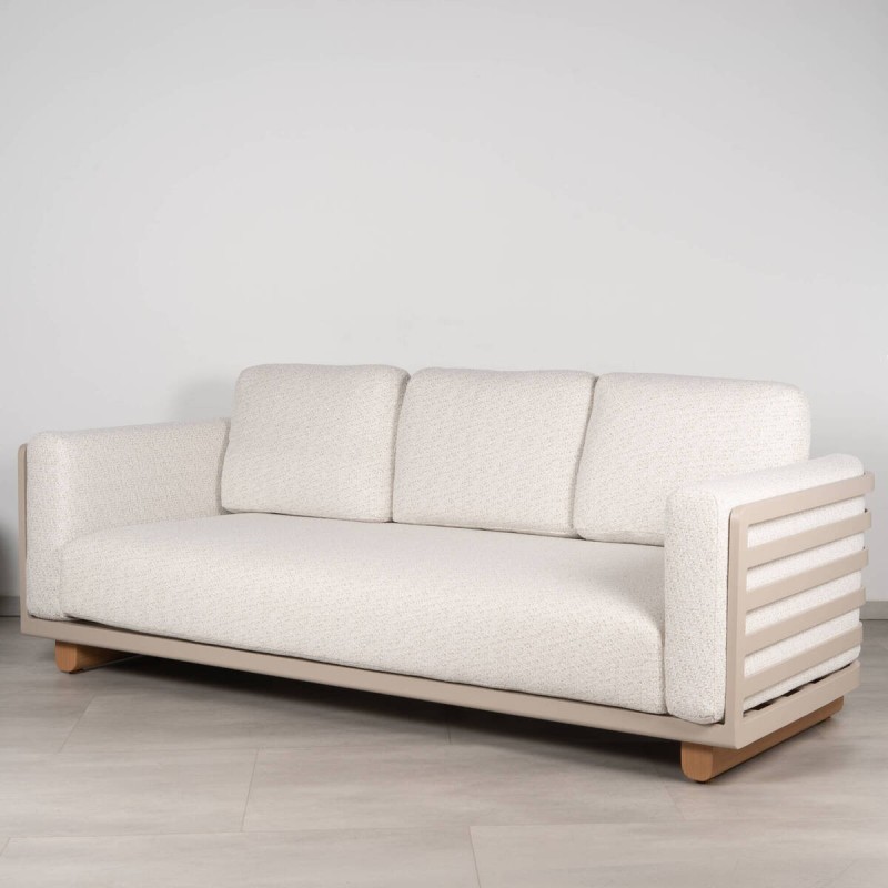 Moka Modular Outdoor Sofa in Aluminum with Cream Fabric Cushions and Wood Color Legs