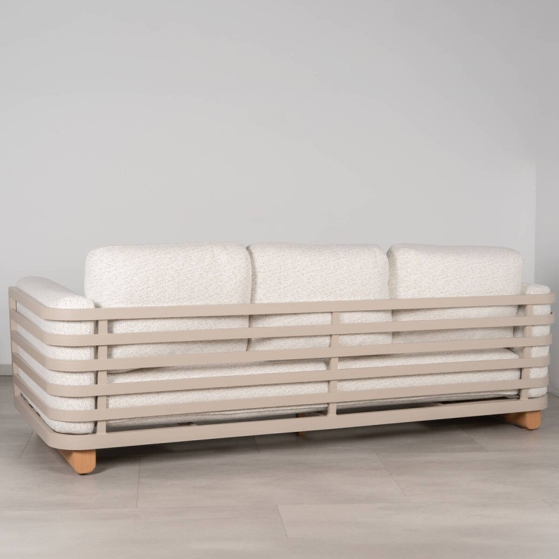 Sofá Modular exterior Moka en Aluminio con Cojines en Tejido Crema y Patas color Madera