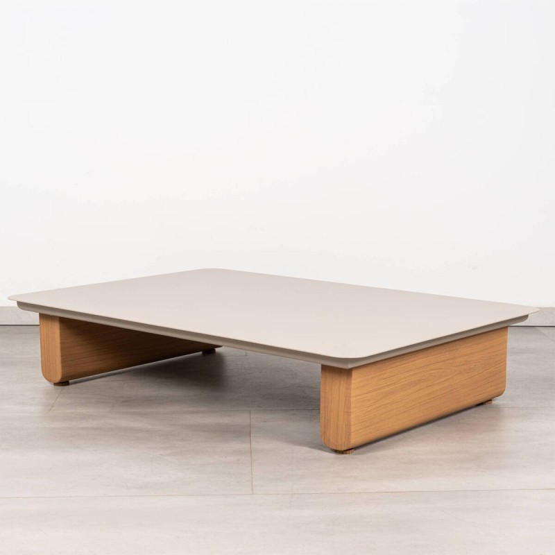 Rectangular Stem Outdoor Coffee Table with Taupe Top and Wooden Arch Legs