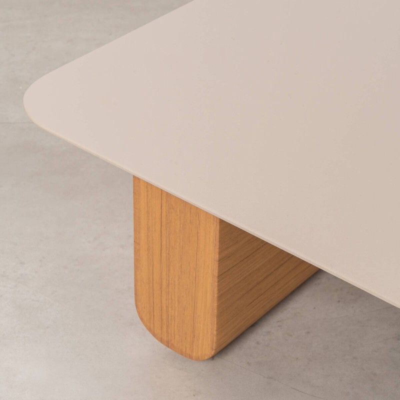 Rectangular Stem Outdoor Coffee Table with Taupe Top and Wooden Arch Legs
