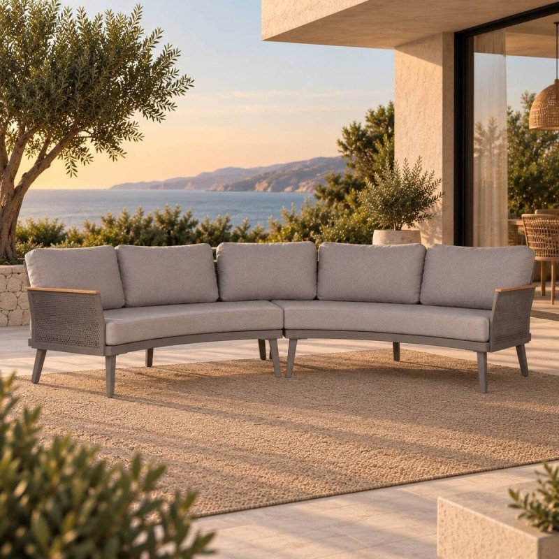 Curved sofa in aluminum with teak arms 325x120x84cm