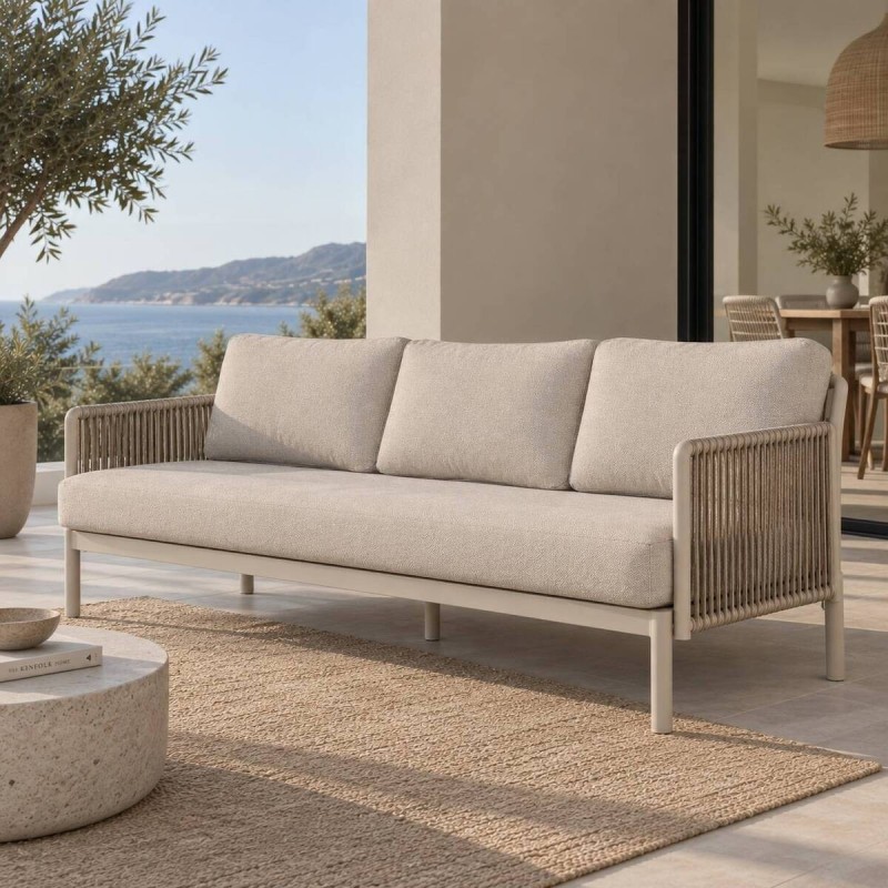 Nuba 3-Seater Outdoor Sofa with Braided Rope and Champagne Aluminum Frame 220 cm