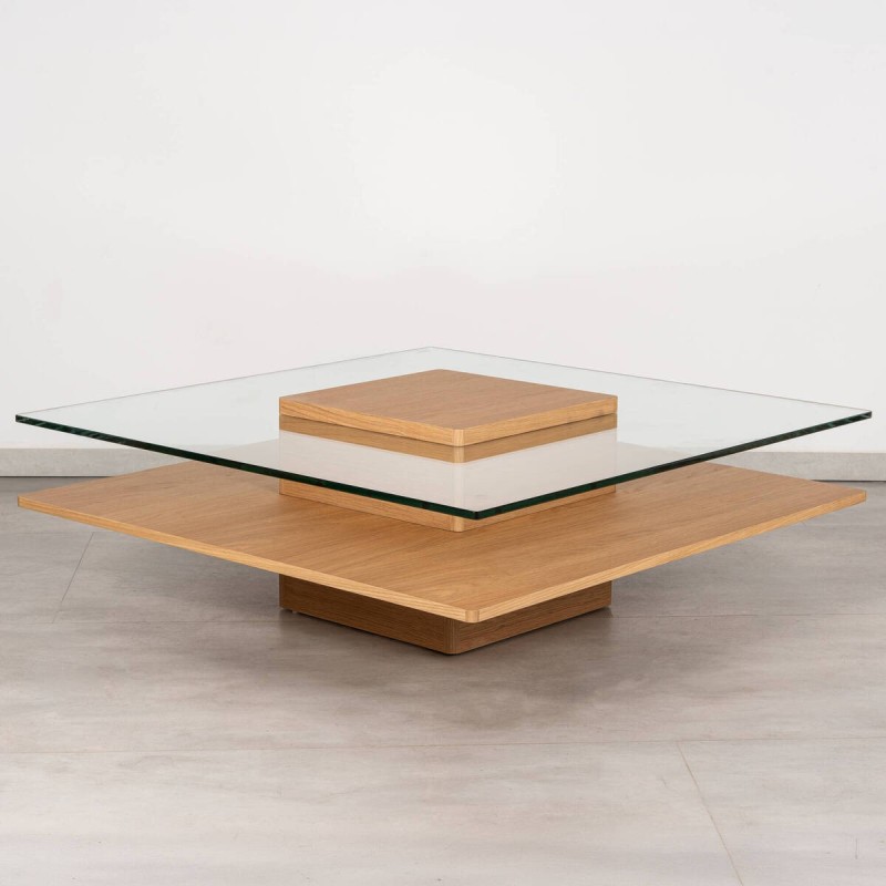 Arqua square coffee table, white oak and glass, 100x100 cm
