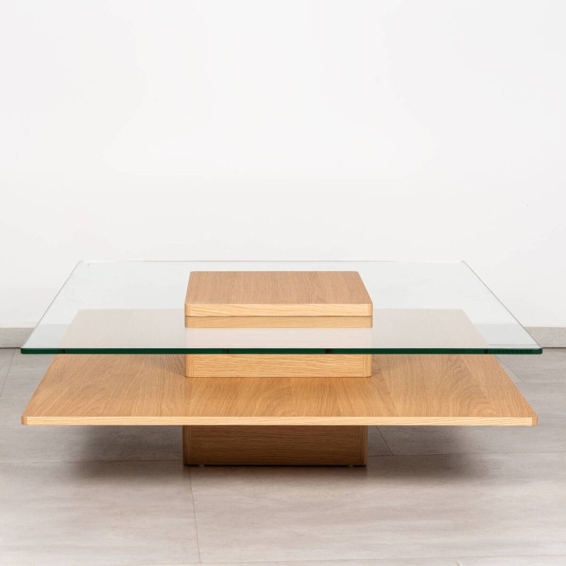 Arqua square coffee table, white oak and glass, 100x100 cm