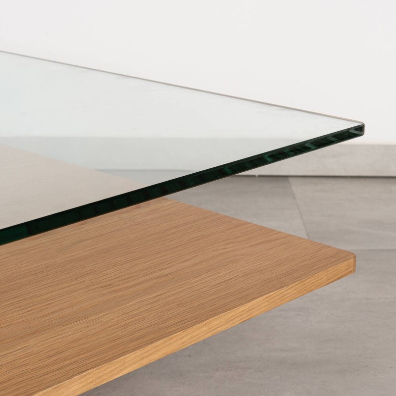 Arqua square coffee table, white oak and glass, 100x100 cm