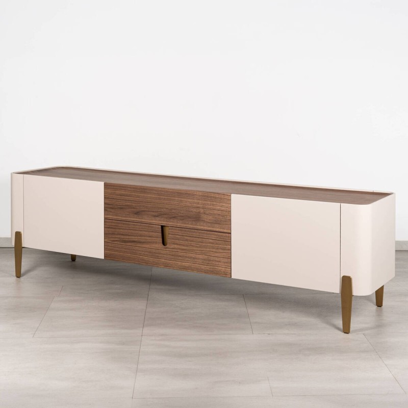 Auren TV unit in walnut and beige with brass legs in gold, 200cm