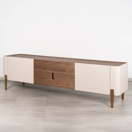 Mueble TV Auren nogal y beige con patas de latón en dorado 200cm