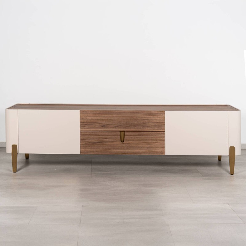 Mueble TV Auren en nogal, beige y dorado 200x45 cm | Muebles Benítez