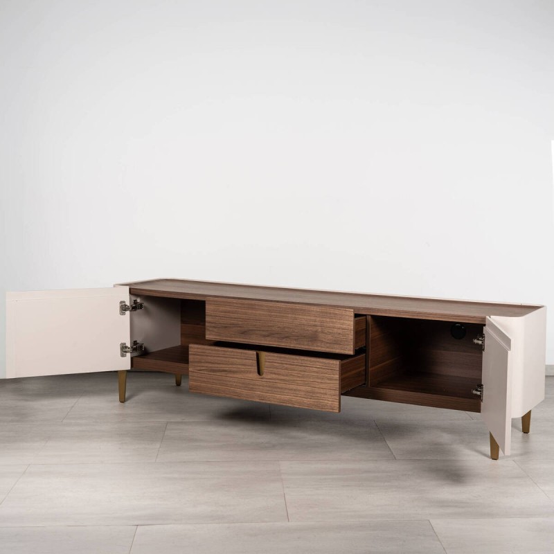 Mueble TV Auren nogal y beige con patas de latón en dorado 200cm