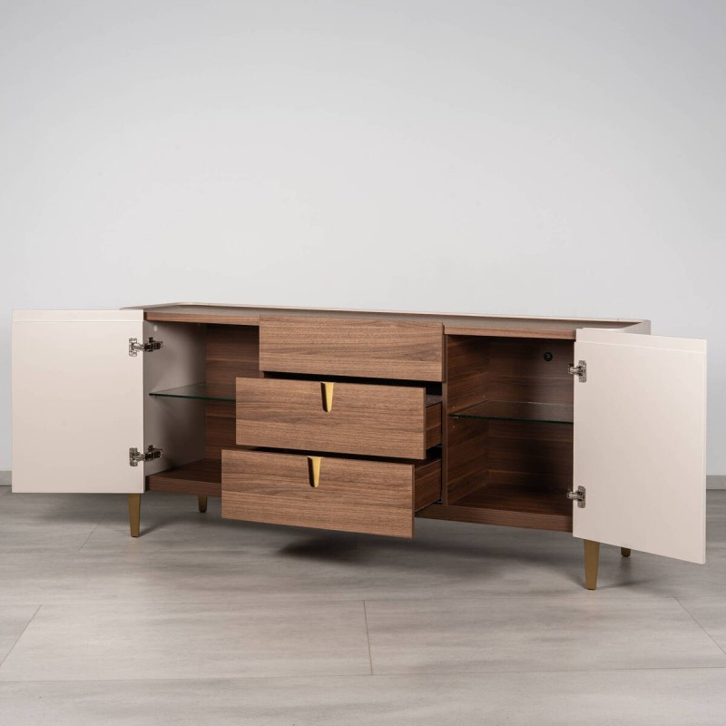 Auren sideboard in walnut and beige with brass legs in gold, 180cm