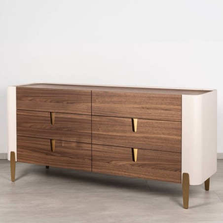 Cómoda Auren 6 cajones nogal y beige con patas latón en dorado 160cm