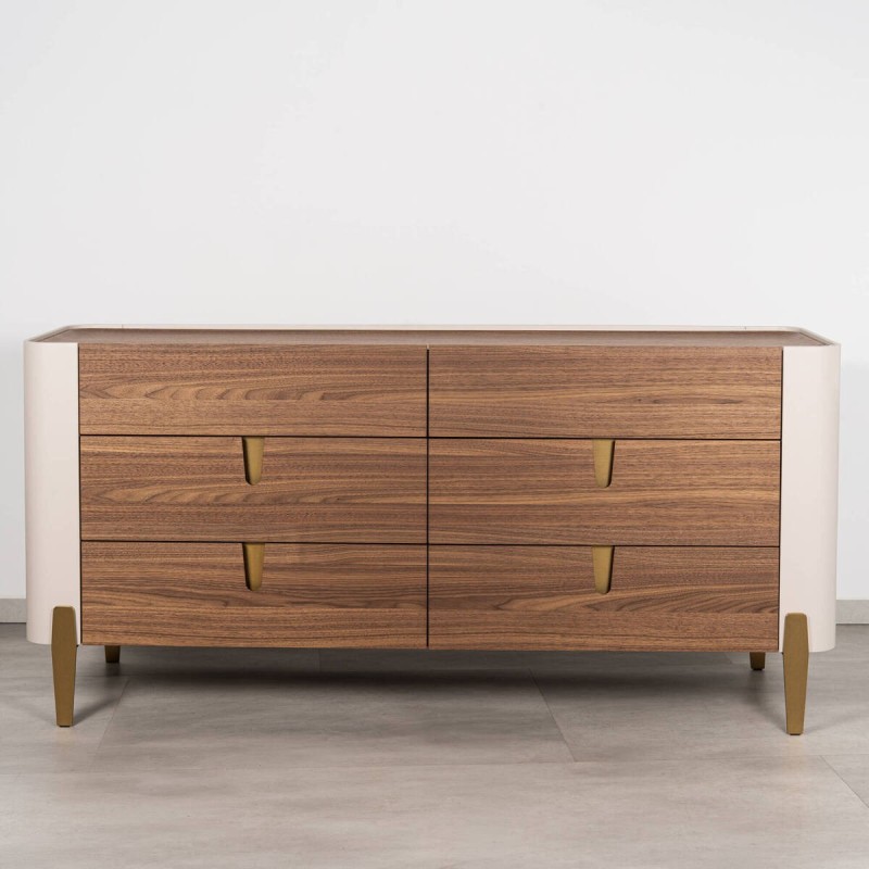 Auren chest of drawers with 6 drawers, walnut and beige, with brass legs in gold, 160cm