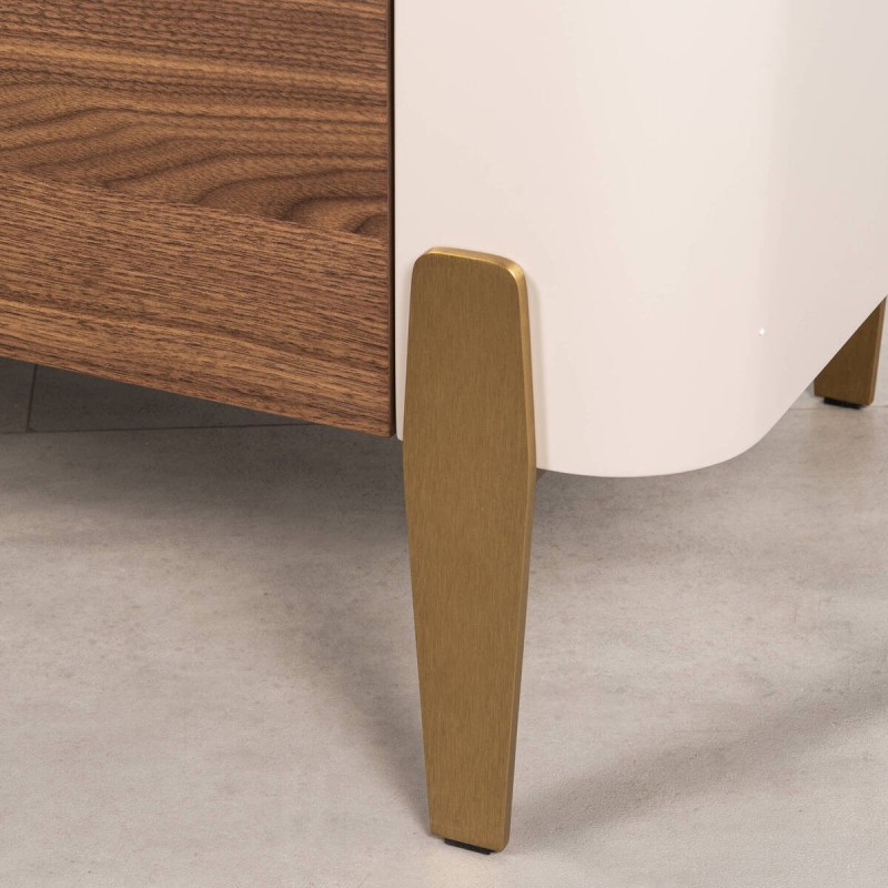 Auren chest of drawers with 6 drawers, walnut and beige, with brass legs in gold, 160cm