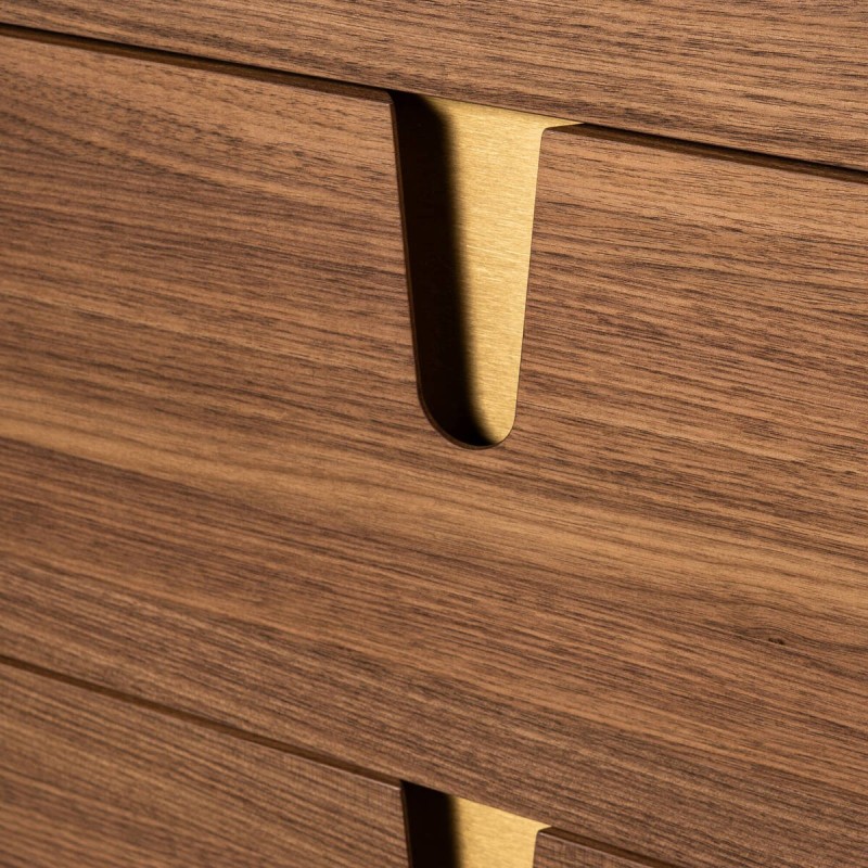 Auren chest of drawers with 6 drawers, walnut and beige, with brass legs in gold, 160cm