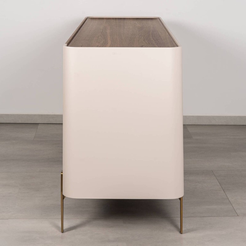 Auren chest of drawers with 6 drawers, walnut and beige, with brass legs in gold, 160cm