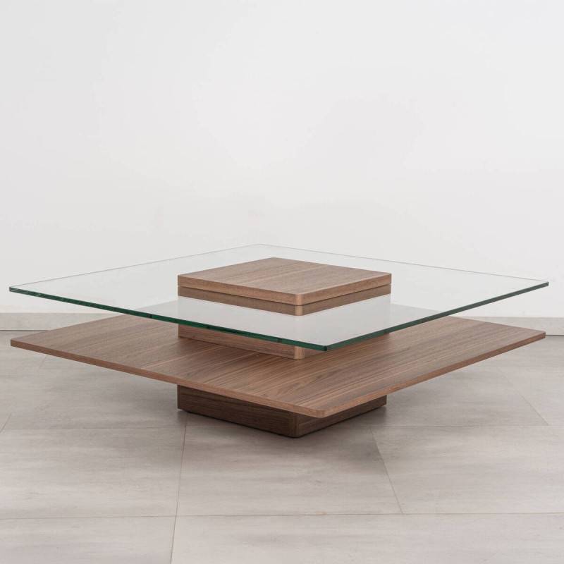 Mesa de centro cuadrada Arqua nogal y cristal 100x100 cm