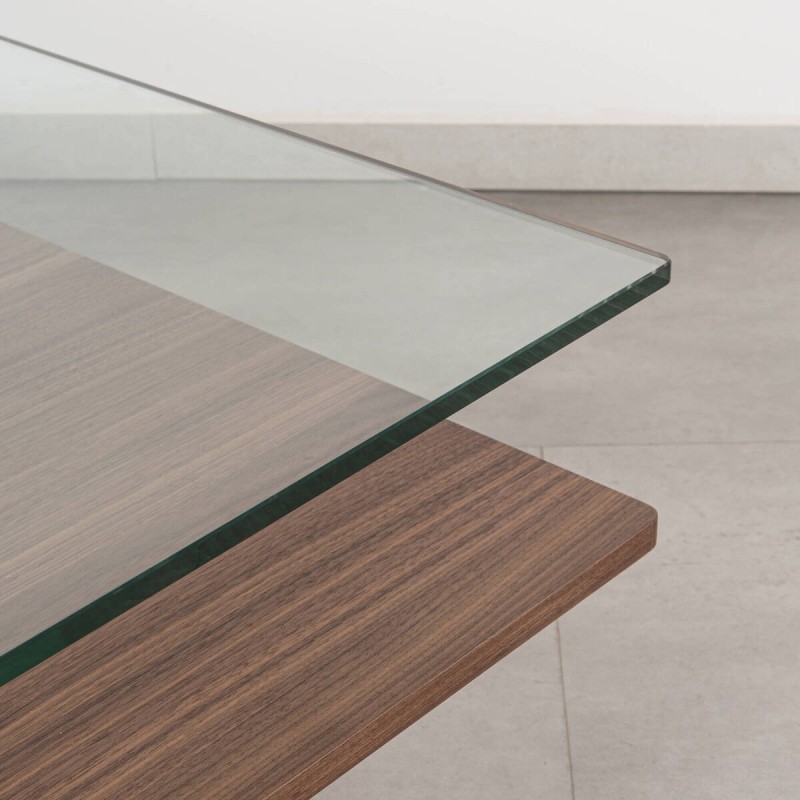 Arqua square coffee table in walnut and glass, 100x100 cm