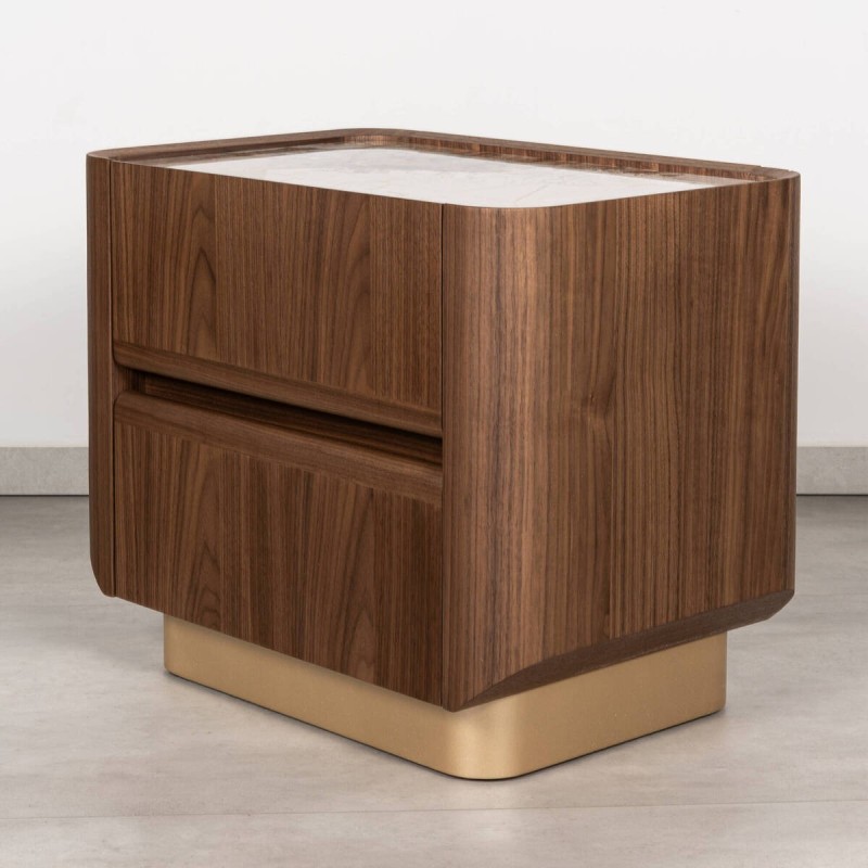 Kenzo bedside table, walnut, gold base and ceramic, 60x39 cm