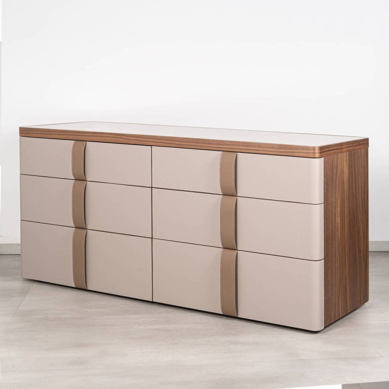 Nordic chest of drawers 6 walnut and beige leather 160x50 cm