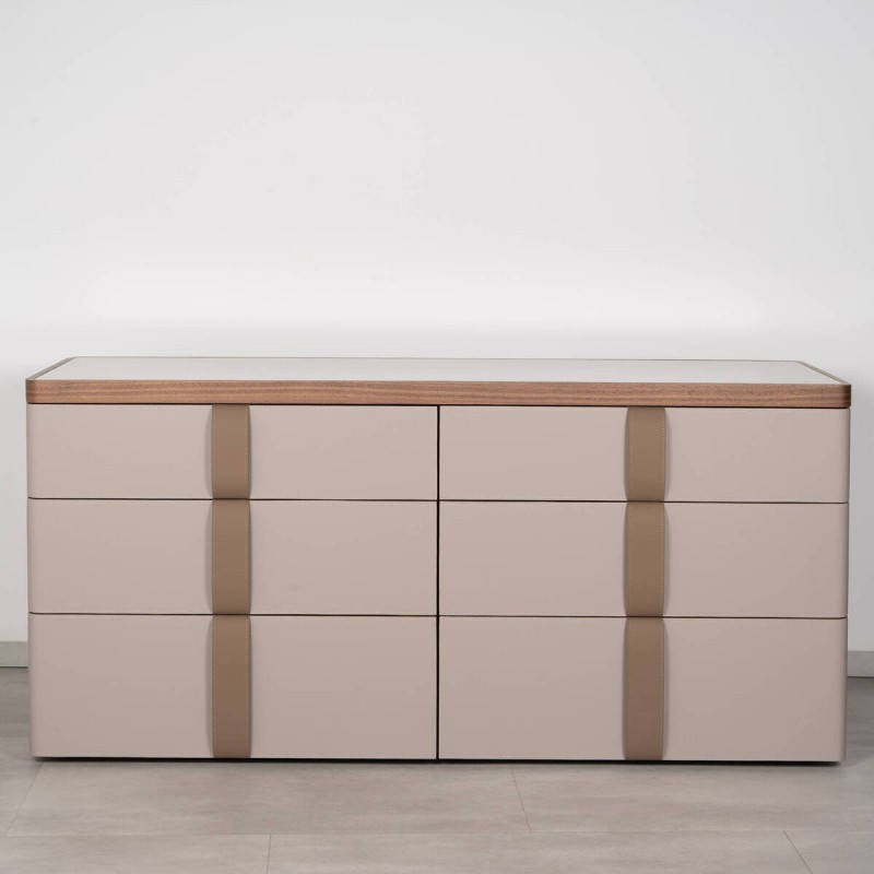 Cómoda Nórdika 6 cajones nogal y piel beige 160x50 cm