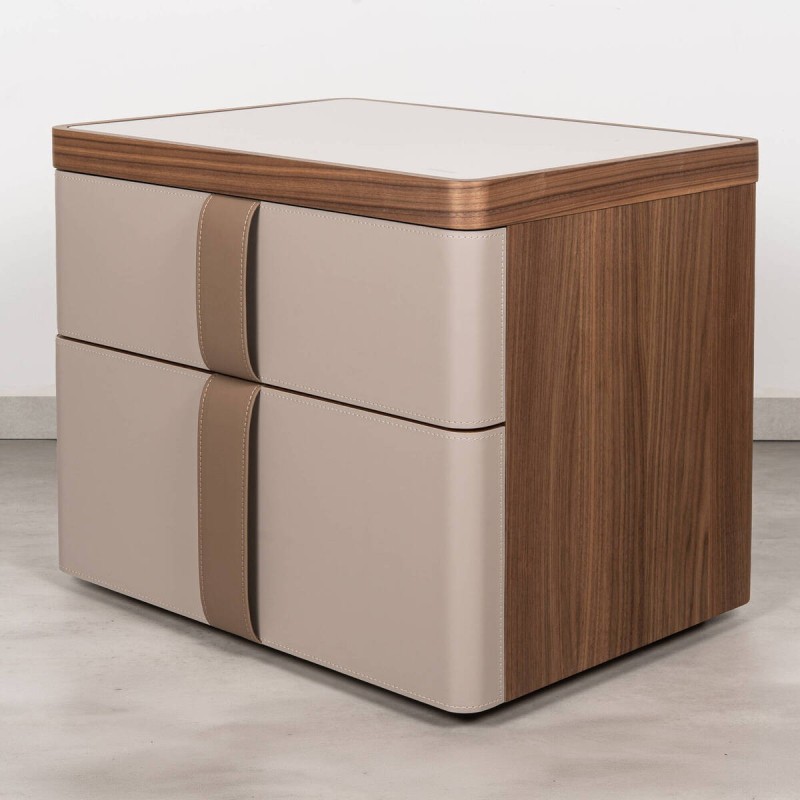 Nordica bedside table in walnut and beige leather, 60x45 cm