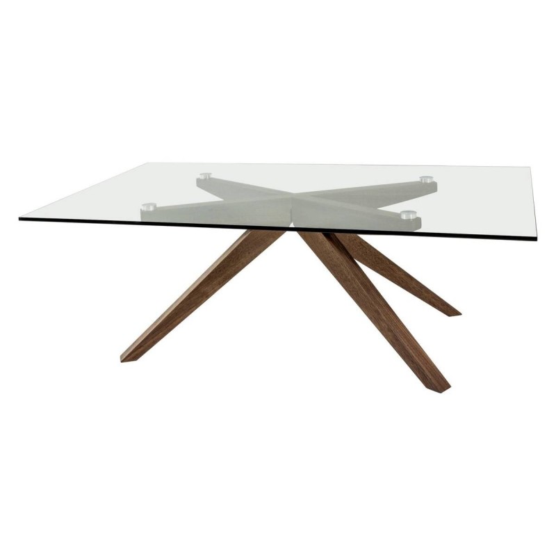 Glass coffee table with walnut wood legs, 120x70x40cm