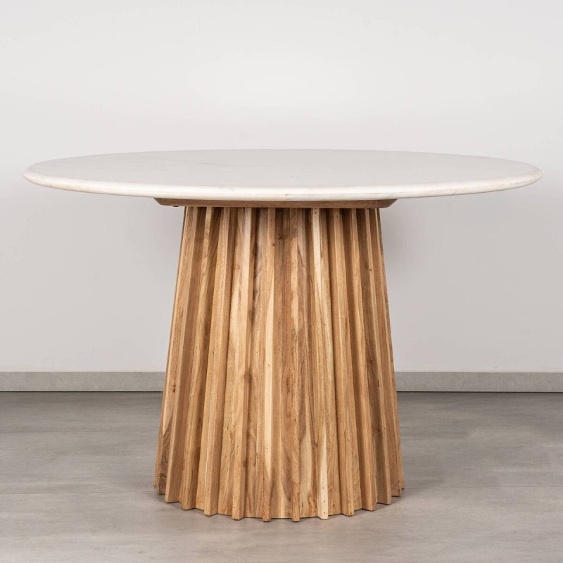 Mesa de comedor savia redonda de acacia y tapa de mármol blanco 120x76cm