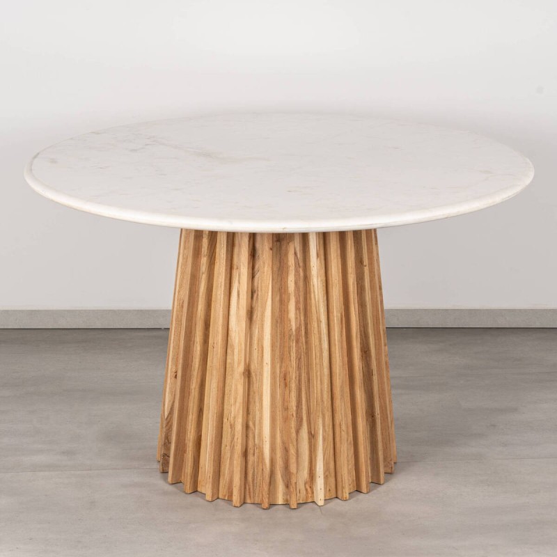 Mesa de comedor savia redonda de acacia y tapa de mármol blanco 120x76cm