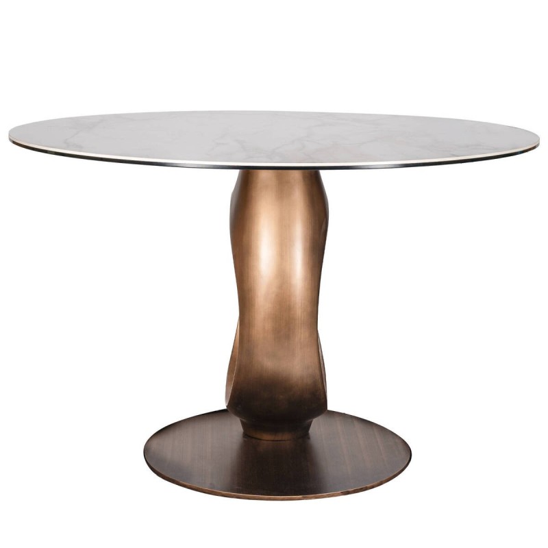 Mesa comedor redonda de cerámica y base de bronce cepillado 120x76cm