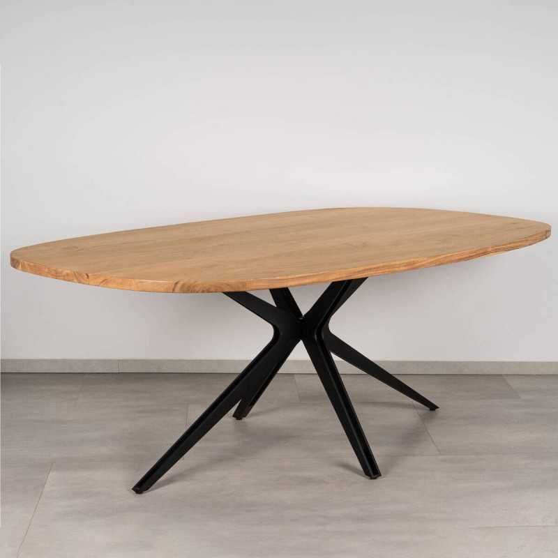 Mesa de comedor Arvona de acacia ovalada y patas cruzadas de metal negro 190x100x76 cm