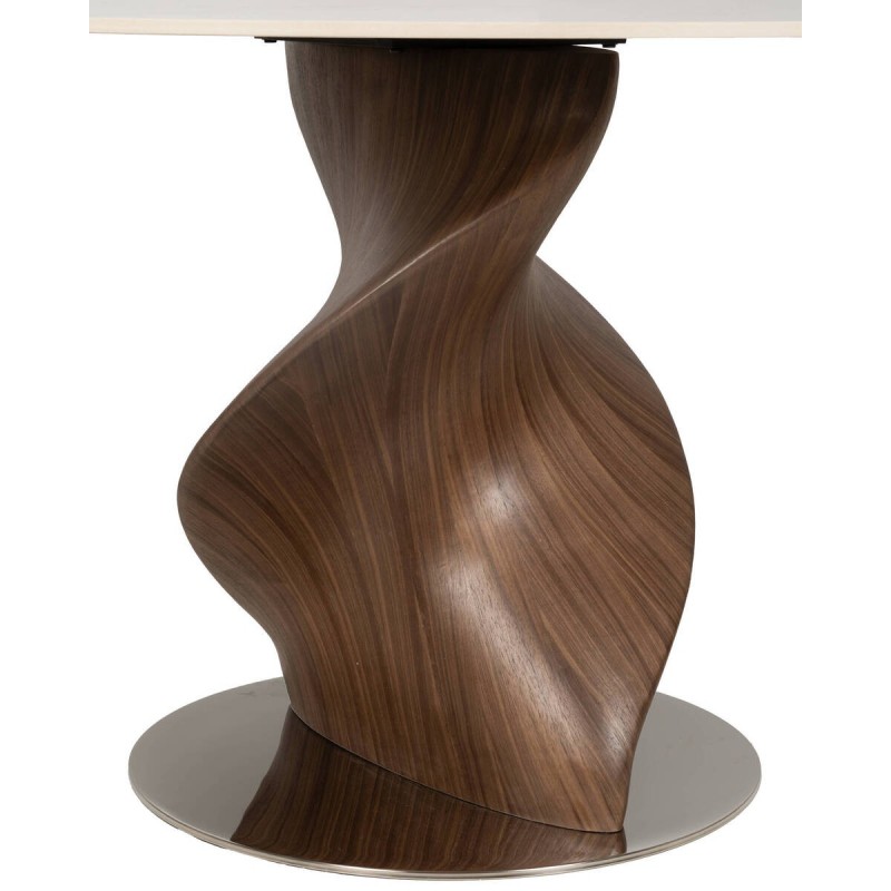 Mesa redonda mistral de cerámica con base escultórica en nogal 120x76cm