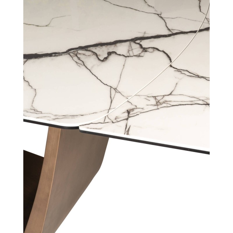 Mesa de comedor calix extensible en cerámica brillo blanco y base bronce 180/270x100x76cm