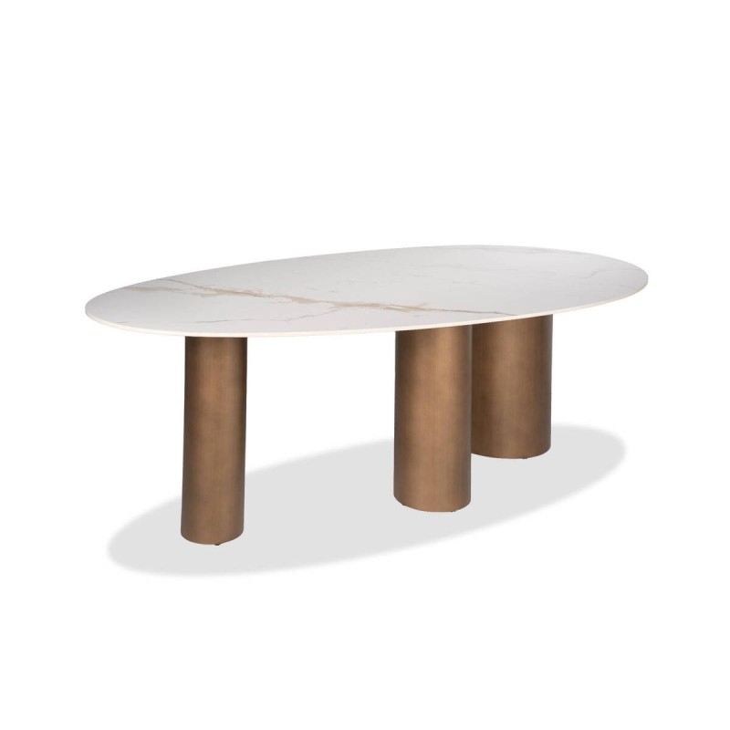 Mesa alina ovalada cerámica con patas cilíndricas en bronce cepillado 220x110x76cm