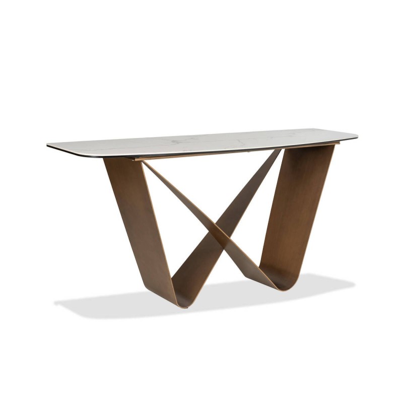 Vetra console table with bronze metal base and white marble ceramic top