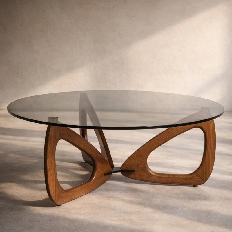 Mesa de centro Elyra redonda con cristal ahumado y base madera nogal