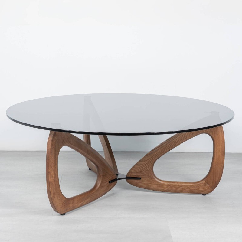 Mesa de centro Elyra redonda con cristal ahumado y base madera nogal