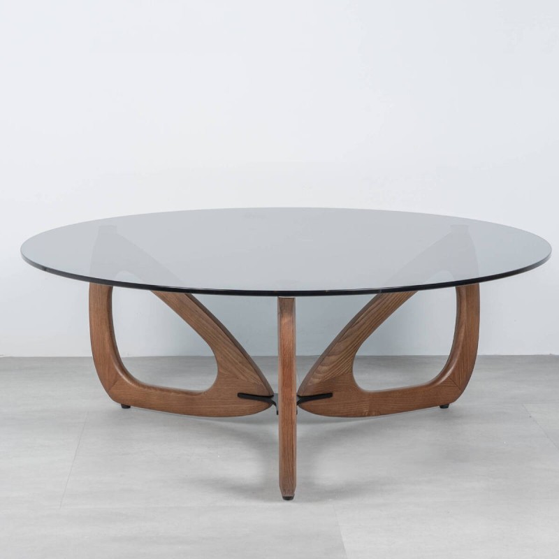 Mesa de centro Elyra redonda con cristal ahumado y base madera nogal