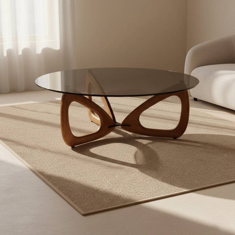 Mesa de centro Elyra redonda con cristal ahumado y base madera nogal