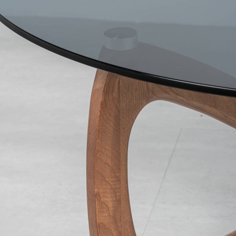 Mesa de centro Elyra redonda con cristal ahumado y base madera nogal