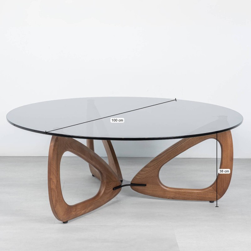 Mesa de centro Elyra redonda con cristal ahumado y base madera nogal