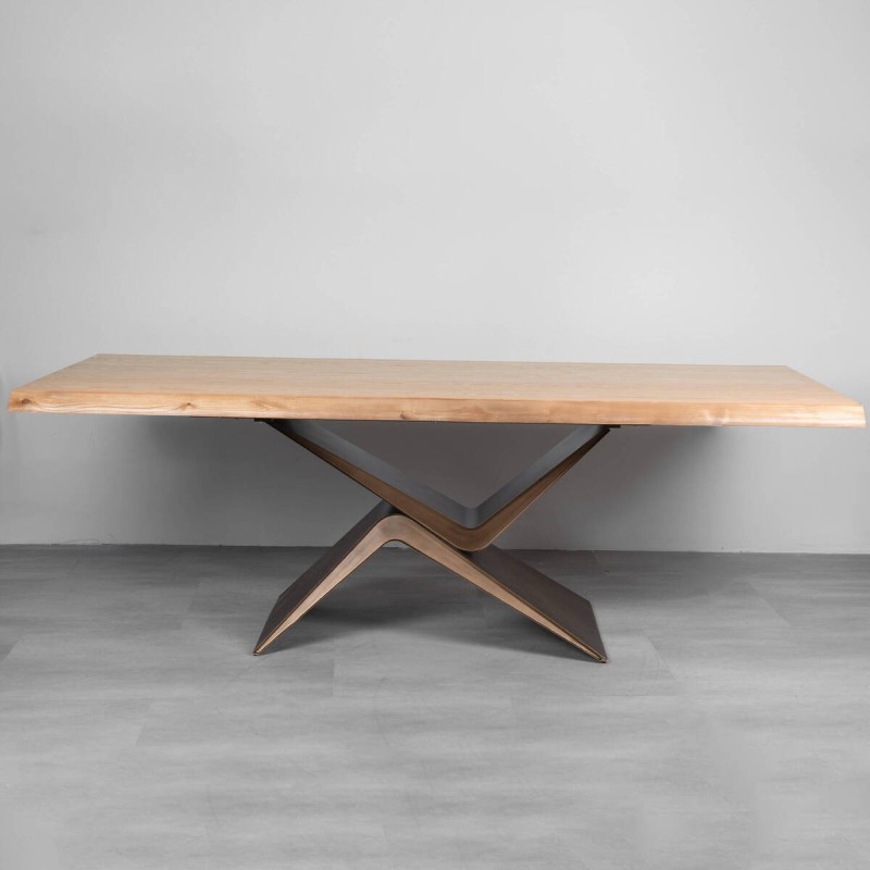 Intera dining table, natural wood, sculptural metal base, 220cm