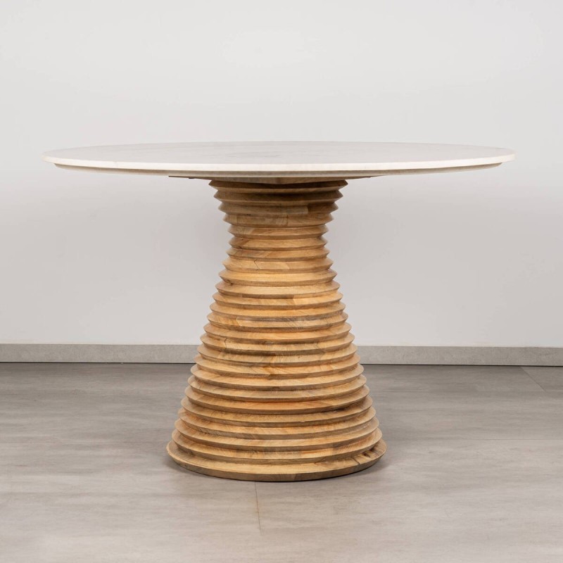 Mesa de comedor Calyx de mármol blanco con base de anillos de mango natural 115 cm
